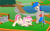 Size: 2000x1250 | Tagged: safe, artist:nitei, oc, oc only, oc:sprite, oc:understudy, alicorn, earth pony, pony, alicorn oc, bipedal, blue mane, duo, earth pony oc, female, freckles, glasses, horn, mare, minigolf, show accurate, two toned mane, wings