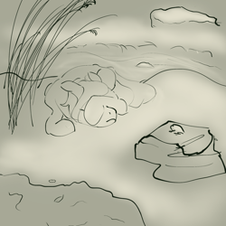 Size: 2000x2000 | Tagged: safe, artist:rapt, oc, oc only, frog, monochrome, river, simple shading, sketch, sleeping, solo, water