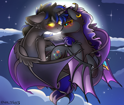 Size: 2451x2080 | Tagged: safe, alternate character, alternate version, artist:yuris, oc, oc only, oc:iahkhet, oc:lance, alicorn, bat pony, pony, blushing, clothes, duo, duo male and female, ears back, ears up, female, flying, full moon, imminent kissing, male, moon, night, shipping, sky, straight