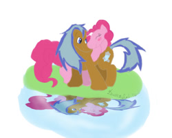 Size: 1280x1024 | Tagged: safe, artist:revalate, pinkie pie, oc, oc:cold storm, earth pony, pony, g4, 2012, blushing, canon x oc, duo, embrace, eyes closed, female, male, mare, reflection, signature, simple background, smiling, stallion, straight, tail, water, white background