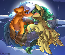 Size: 2451x2080 | Tagged: safe, alternate character, alternate version, artist:yuris, oc, oc only, oc:forlex, oc:misa amore, earth pony, pegasus, pony, blushing, clothes, duo, duo male and female, ears back, ears up, female, flying, full moon, imminent kissing, magic, male, moon, night, shipping, sky, straight