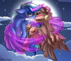 Size: 2451x2080 | Tagged: safe, alternate character, alternate version, artist:yuris, oc, oc only, oc:amoo, oc:blue cola, pegasus, pony, unicorn, blushing, clothes, duo, duo male and female, ears back, ears up, female, flying, full moon, glasses, imminent kissing, magic, male, moon, night, shipping, sky, straight