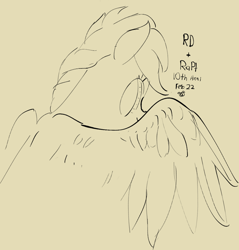 Size: 976x1019 | Tagged: safe, artist:rapt, rainbow dash, g4, hiding behind wing, looking at you, looking back, looking back at you, sketch, solo, wings