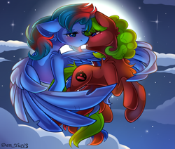 Size: 2451x2080 | Tagged: safe, alternate character, alternate version, artist:yuris, oc, oc only, pegasus, pony, blushing, clothes, duo, duo female, ears back, ears up, female, flying, full moon, imminent kissing, lesbian, male, moon, multi ych "flight of valentine", night, shipping, sky, straight