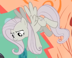 Size: 354x284 | Tagged: safe, screencap, fluttershy, pegasus, pony, g4, season 2, the return of harmony, cropped, discorded, female, flutterbitch, fluttercruel, flying, golden oaks library, looking at someone, mare, offscreen character, solo