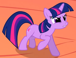 Size: 497x384 | Tagged: safe, screencap, twilight sparkle, pony, unicorn, g4, season 2, the return of harmony, angry, cropped, female, golden oaks library, mare, raised hoof, solo, standing, unicorn twilight