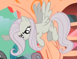 Size: 404x307 | Tagged: safe, screencap, fluttershy, pegasus, pony, g4, season 2, the return of harmony, behaving like a cat, cropped, discorded, female, flutterbitch, fluttercruel, flying, golden oaks library, mare, offscreen character, solo