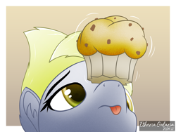 Size: 2880x2160 | Tagged: safe, artist:etheria galaxia, derpy hooves, pony, g4, :p, abstract background, balancing, cross-eyed, cute, ear fluff, food, gradient background, looking up, muffin, ponies balancing stuff on their nose, solo, tongue out, watermark, wiggling