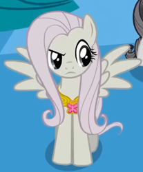 Size: 331x399 | Tagged: safe, screencap, fluttershy, pegasus, pony, g4, season 2, the return of harmony, cropped, discorded, element of kindness, eyebrows, female, flutterbitch, fluttercruel, front view, looking at someone, mare, offscreen character, raised eyebrow, solo, spread wings, wings