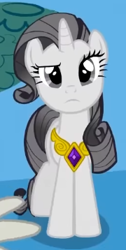 Size: 180x358 | Tagged: safe, screencap, rarity, pony, unicorn, g4, season 2, the return of harmony, cropped, element of generosity, eyebrows, female, front view, greedity, looking at someone, mare, offscreen character, raised eyebrow, solo, standing