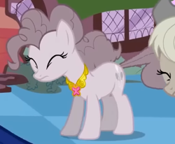 Size: 395x326 | Tagged: safe, screencap, pinkie pie, g4, season 2, the return of harmony, animation error, cropped, discorded, element of kindness, eyes closed, offscreen character, standing, windswept mane