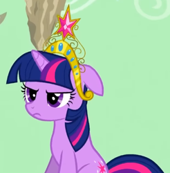 Size: 429x436 | Tagged: safe, screencap, twilight sparkle, pony, unicorn, g4, my little pony: friendship is magic, season 2, the return of harmony, annoyed, big crown thingy, cropped, ears back, element of magic, female, floppy ears, jewelry, looking at someone, mare, offscreen character, regalia, sitting, solo, unicorn twilight