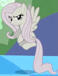 Size: 461x599 | Tagged: safe, screencap, fluttershy, pegasus, pony, g4, season 2, the return of harmony, cropped, discorded, evil smile, female, flutterbitch, fluttercruel, flying, grin, mare, smiling, solo