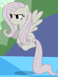 Size: 455x605 | Tagged: safe, screencap, fluttershy, pegasus, pony, g4, season 2, the return of harmony, cropped, discorded, female, flutterbitch, fluttercruel, flying, looking at someone, mare, offscreen character, solo
