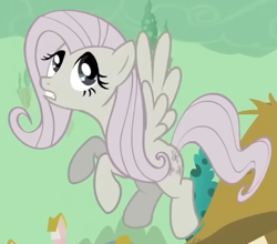 Size: 543x478 | Tagged: safe, screencap, fluttershy, pegasus, pony, g4, my little pony: friendship is magic, season 2, the return of harmony, cropped, discorded, female, flutterbitch, fluttercruel, flying, looking up, mare, solo