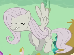 Size: 572x429 | Tagged: safe, screencap, fluttershy, pegasus, pony, g4, season 2, the return of harmony, cropped, discorded, evil laugh, female, flutterbitch, fluttercruel, flying, giggling, laughing, mare, offscreen character, solo