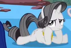 Size: 295x199 | Tagged: safe, screencap, rarity, pony, unicorn, g4, season 2, the return of harmony, animation error, cropped, discorded, element of generosity, female, great moments in animation, greedity, looking at someone, lying down, majestic as fuck, mare, offscreen character, prone, solo, sploot