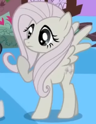 Size: 215x277 | Tagged: safe, screencap, fluttershy, pegasus, pony, g4, season 2, the return of harmony, animation error, cropped, discorded, female, flutterbitch, fluttercruel, mare, no tail, offscreen character, raised hoof, solo, spread wings, standing, wings