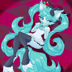 Size: 750x750 | Tagged: safe, artist:umbrapone, anthro, anime, bedroom eyes, bow, clothes, cute, cute little fangs, dress, fanart, fangs, frilly dress, hair accessory, hair bow, hatsune miku, long hair, long tail, lying down, on back, petals, pigtails, playing with hair, ponytail, ribbon, skirt, socks, solo, tail, thigh highs, twintails, vocaloid, wide hips