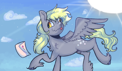 Size: 898x520 | Tagged: safe, artist:kreeeeeez, derpy hooves, pegasus, pony, g4, chest fluff, female, flying, mare, palindrome get, sky background, solo, spread wings, sun, tail, tongue out, unshorn fetlocks, wavy mouth, wings