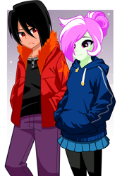 Size: 1004x1452 | Tagged: safe, artist:nekojackun, artist:rosemile mulberry, oc, oc only, oc:red soul, oc:rosemile mulberry, human, equestria girls, g4, clothes, collaboration, hair bun, hoodie, jacket, skirt