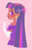 Size: 585x903 | Tagged: safe, artist:shugrcube, twilight sparkle, human, g4, blushing, breasts, clothes, dress, female, gloves, humanized, long gloves, looking at you, looking back, looking back at you, moderate dark skin, off shoulder, pink background, simple background, smiling, smiling at you, solo, waving, waving at you