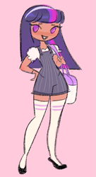 Size: 553x1013 | Tagged: safe, artist:shugrcube, twilight sparkle, human, g4, clothes, female, grin, hand on hip, humanized, looking at you, overalls, pink background, simple background, smiling, smiling at you, solo, stockings, tan skin, thigh highs