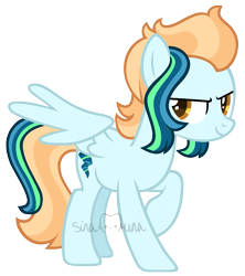 Size: 1041x1173 | Tagged: safe, artist:sinamuna, oc, oc only, oc:flashbang, pegasus, pony, au:mewverse next gen, base used, blue hair, female to male, green hair, magical lesbian spawn, male, next generation, offspring, orange eyes, orange hair, parent:lightning dust, parent:rainbow dash, parents:rainbowdust, rule 63, smiling, smirk, solo, striped hair, transgender