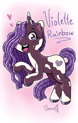 Size: 1200x1894 | Tagged: safe, artist:shauna j. grant, violette rainbow, pony, unicorn, g5, 2023, blush lines, blushing, dreadlocks, female, filly, floating heart, foal, hair over one eye, heart, horn, looking at you, open mouth, open smile, rearing, signature, smiling, solo, sparkly eyes, tail, unshorn fetlocks, vitiligo, wingding eyes