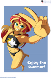 Size: 2480x3805 | Tagged: safe, artist:ch0c0sauri0, sunset shimmer, human, equestria girls, equestria girls series, g4, beach, belly, belly button, bikini, cel shading, clip studio paint, clothes, digital art, eyeshadow, face, fanart, grin, hand, happy, legs, long hair, makeup, peace sign, shading, simple background, smiling, solo, summer, sun, swimsuit
