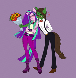 Size: 2216x2280 | Tagged: safe, artist:tomi_ouo, aria blaze, oc, oc:tokamak, comic:we will be adored, equestria girls, g4, bouquet, crossed arms, disguise, disguised siren, flower, smug, tsundaria, tsundere