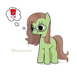 Size: 1750x1708 | Tagged: safe, artist:syrupyyy, oc, oc only, oc:pistachio nut, earth pony, pony, adult blank flank, blank flank, female, food, glasses, mare, name, ponysona, simple background, solo, soup, thought bubble, white background