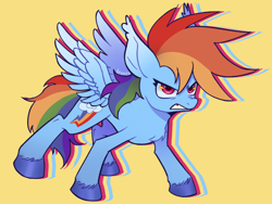 Size: 2048x1536 | Tagged: safe, artist:compyuter, rainbow dash, pegasus, pony, g4, alternate hairstyle, chest fluff, colored ear fluff, colored eartips, colored hooves, colored wings, ear fluff, ear tufts, eyelashes, female, glare, gradient ears, gradient wings, gritted teeth, mare, mohawk, narrowed eyes, outline, pink eyes, shiny hooves, signature, simple background, solo, spread wings, standing, teeth, two toned wings, unshorn fetlocks, wide stance, wingding eyes, wings, yellow background