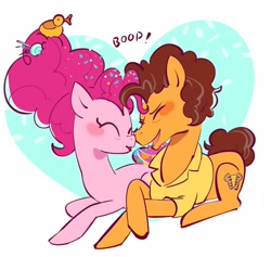Size: 2048x1942 | Tagged: safe, artist:raehanim, cheese sandwich, pinkie pie, earth pony, pony, g4, blushing, boop, duo, duo male and female, eyes closed, female, heart, heart background, male, mare, noseboop, older, older cheese sandwich, older cheesepie, older pinkie pie, open mouth, open smile, ship:cheesepie, shipping, smiling, stallion, straight