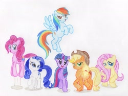 Size: 2977x2233 | Tagged: safe, artist:angeldelaverdad, applejack, fluttershy, pinkie pie, rainbow dash, rarity, twilight sparkle, earth pony, pegasus, pony, unicorn, g4, colored pencil drawing, female, high res, mane six, mare, opening, opening theme, simple background, traditional art, unicorn twilight, white background