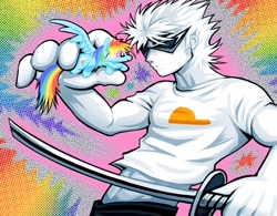 Size: 2048x1596 | Tagged: safe, artist:wolfsrain2003, rainbow dash, human, pegasus, pony, g4, clothes, crossover, dirk strider, duo, glasses, holding, holding a pony, homestuck, shirt, sword, t-shirt, weapon