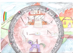 Size: 2338x1700 | Tagged: safe, artist:adrifinell, oc, oc only, pegasus, pony, chained, chains, colored pencil drawing, crying, fire, implied human, ponyville, portal, royal guard, solo, stargate, traditional art