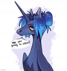 Size: 1800x1900 | Tagged: safe, artist:hattiezazu, princess luna, alicorn, pony, g4, alternate hairstyle, bags under eyes, bloodshot eyes, colored pinnae, dialogue, ethereal mane, female, folded wings, hair bun, horn, long horn, looking at you, mare, sleep is for the weak, solo, starry mane, tired, wings