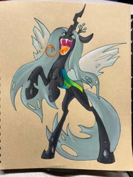 Size: 768x1024 | Tagged: safe, artist:novadoesarts, changeling, changeling queen, g4, fangs, female, long tongue, mare, open mouth, rearing, sharp teeth, solo, teeth, tongue out, traditional art