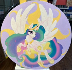 Size: 2048x1976 | Tagged: safe, artist:novadoesarts, princess celestia, alicorn, pony, g4, female, flying, looking at you, mare, photo, smiling, solo, spread wings, traditional art, wings