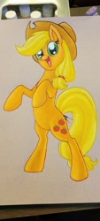 Size: 454x1008 | Tagged: safe, artist:novadoesarts, applejack, earth pony, pony, g4, female, looking at you, mare, open mouth, open smile, rearing, smiling, solo, traditional art