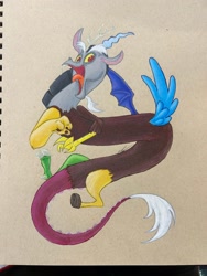 Size: 1536x2048 | Tagged: safe, artist:novadoesarts, discord, draconequus, g4, looking at you, male, open mouth, open smile, smiling, solo, spread wings, traditional art, wings
