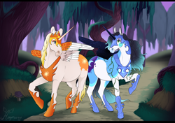 Size: 4590x3240 | Tagged: safe, artist:angellsview3, daybreaker, nightmare moon, oc, horse, clothes, cosplay, costume, duo, fake horn, fake wings, forest, high res, looking at each other, looking at someone, nature, non-mlp oc, raised hoof, tree