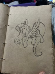 Size: 1536x2048 | Tagged: safe, artist:novadoesarts, fluttershy, pegasus, pony, g4, eyes closed, female, flying, mare, pen drawing, photo, sketch, solo, spread wings, traditional art, wings