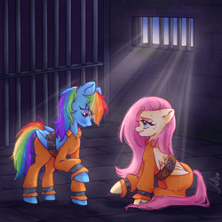 Size: 1000x1000 | Tagged: safe, artist:julieee3e, fluttershy, rainbow dash, pegasus, pony, g4, bound wings, clothes, cuffed, duo, female, jail, jail cell, jumpsuit, mare, never doubt rainbowdash69's involvement, prison, prison cell, prison outfit, prisoner, prisoner ft, prisoner rd, wings