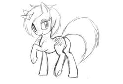 Size: 886x602 | Tagged: safe, artist:angelofhapiness, oc, oc only, pony, unicorn, butt, horn, looking back, monochrome, plot, raised hoof, sketch, smiling, solo, unicorn oc
