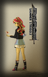 Size: 1200x1920 | Tagged: safe, artist:brella, sunset shimmer, human, fanfic:shimmer struggle, equestria girls, g4, amputee, chinese, cover, english, fanfic art, geode of empathy, magical geodes, prosthetic arm, prosthetic limb, prosthetics, sword, text, weapon