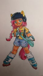 Size: 1080x1920 | Tagged: safe, artist:chiling-cui, sunny starscout, earth pony, pony, semi-anthro, g5, clothes, female, mare, roller skates, skates, solo, traditional art