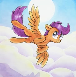 Size: 2600x2660 | Tagged: safe, artist:chevaleto, derpibooru exclusive, scootaloo, pegasus, pony, g4, cloud, cloudy, female, filly, flying, foal, scootaloo can fly, solo, spread wings, sun, traditional art, watercolor painting, wings