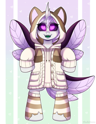 Size: 2880x3696 | Tagged: safe, artist:madelinne, oc, oc only, oc:elytra, changedling, changeling, bipedal, changedling oc, changeling oc, clothes, female, hoodie, mare, purple changeling, solo, white changeling